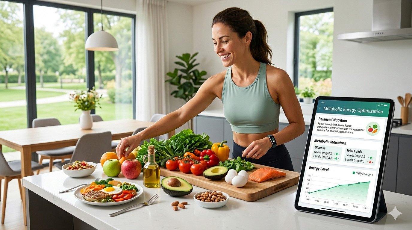 Healthy meal preparation with vegetables and balanced nutrition to support metabolism and energy optimization