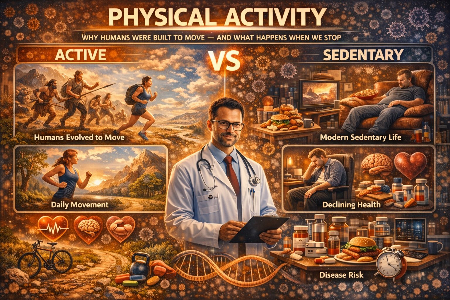 Physical activity versus sedentary lifestyle showing how humans evolved to move and the health risks of inactivity
