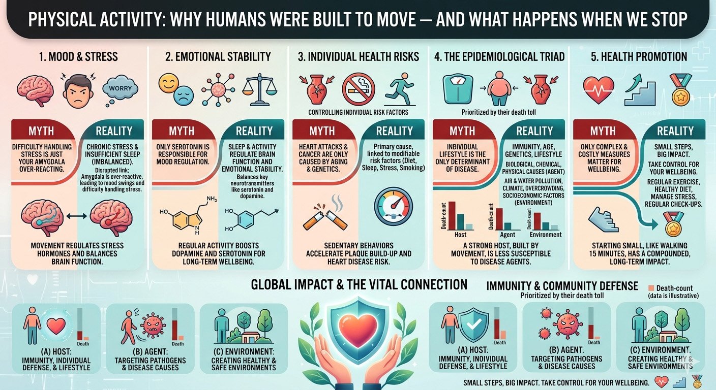 Physical activity infographic showing health benefits of movement and risks of sedentary lifestyle in the human body