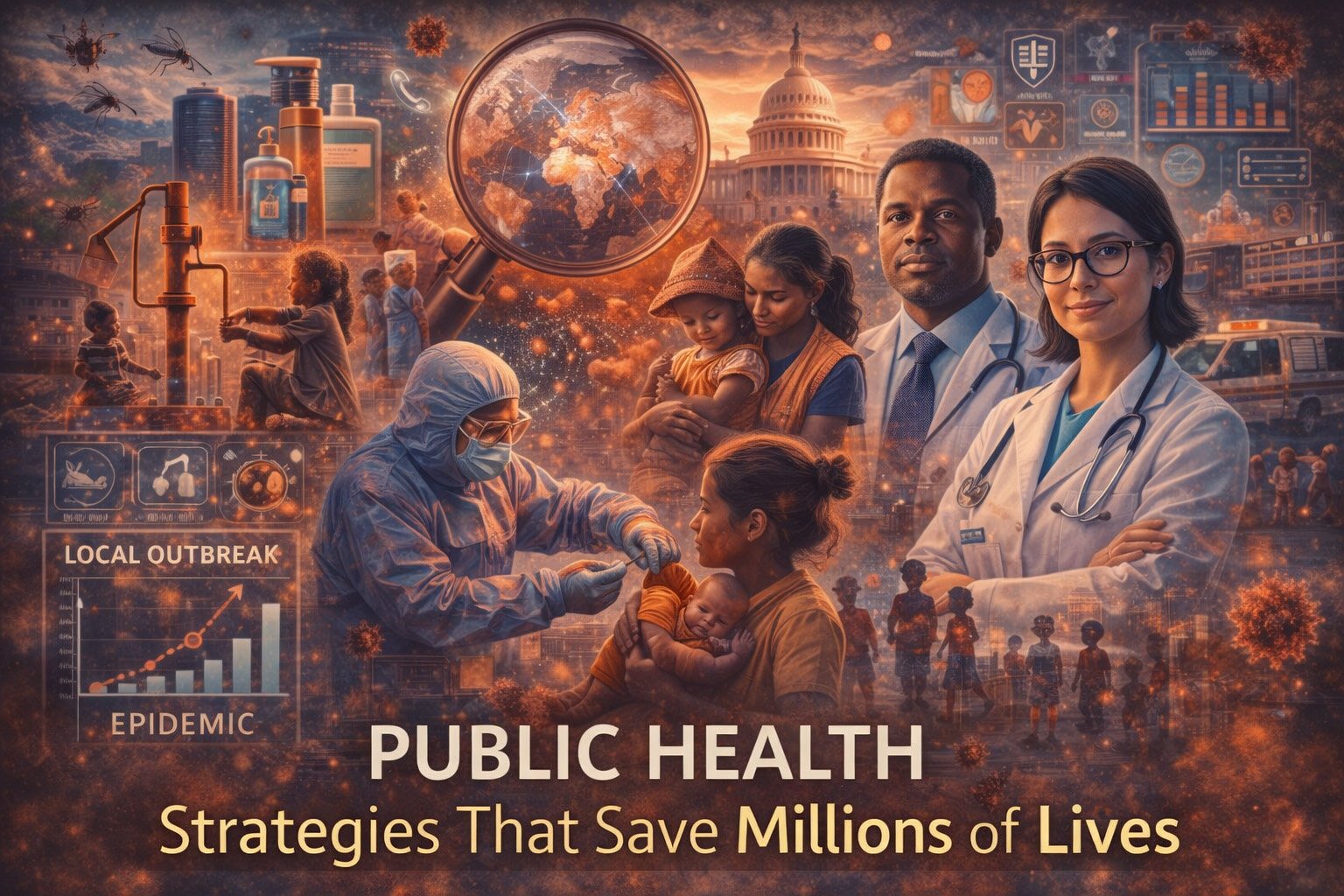 Healthcare workers implementing public health strategies such as vaccination, disease prevention, and community health programs to save lives worldwide