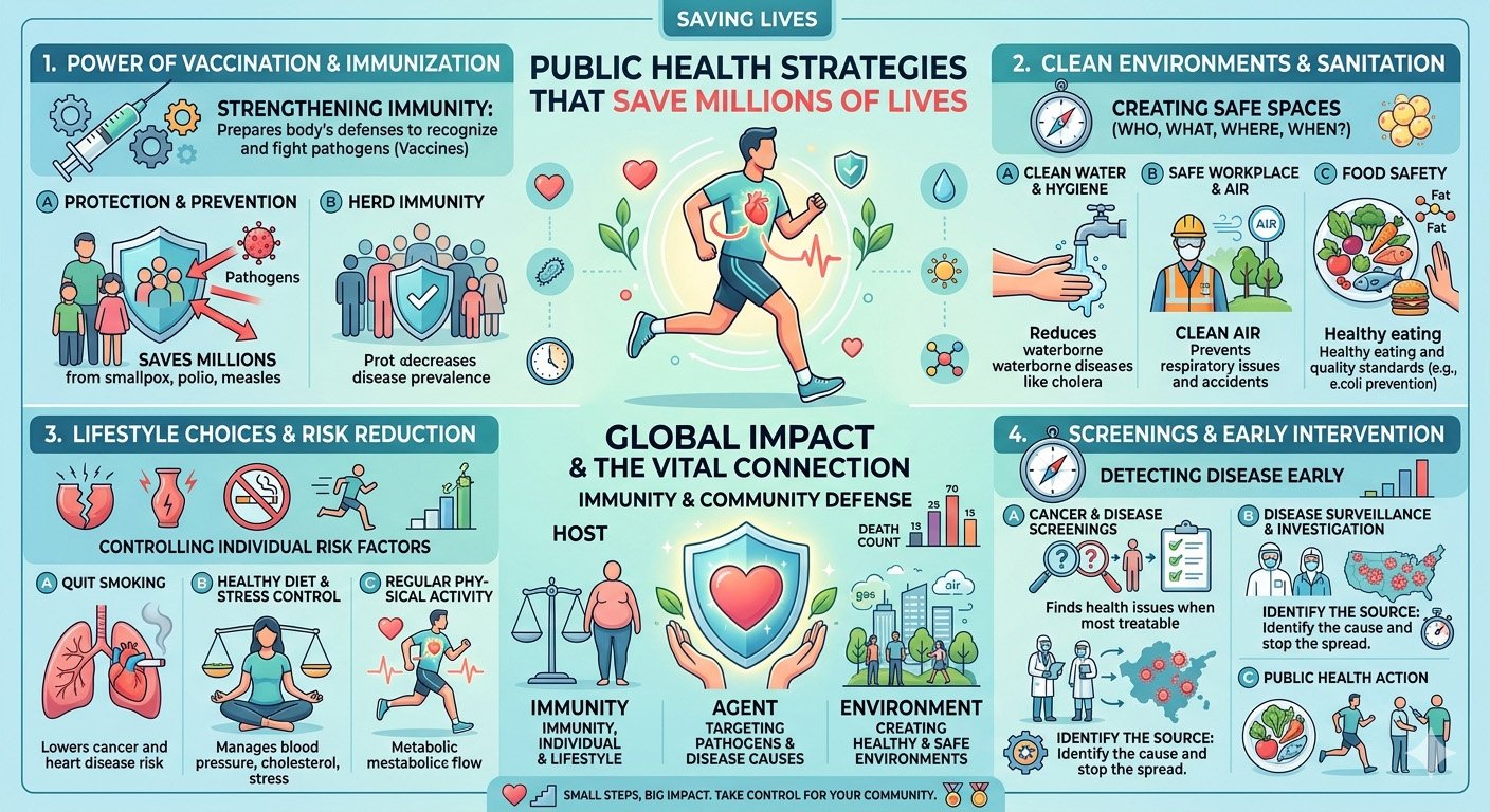 Infographic showing public health strategies that save millions of lives, including vaccination, sanitation, nutrition, maternal care, and disease prevention programs