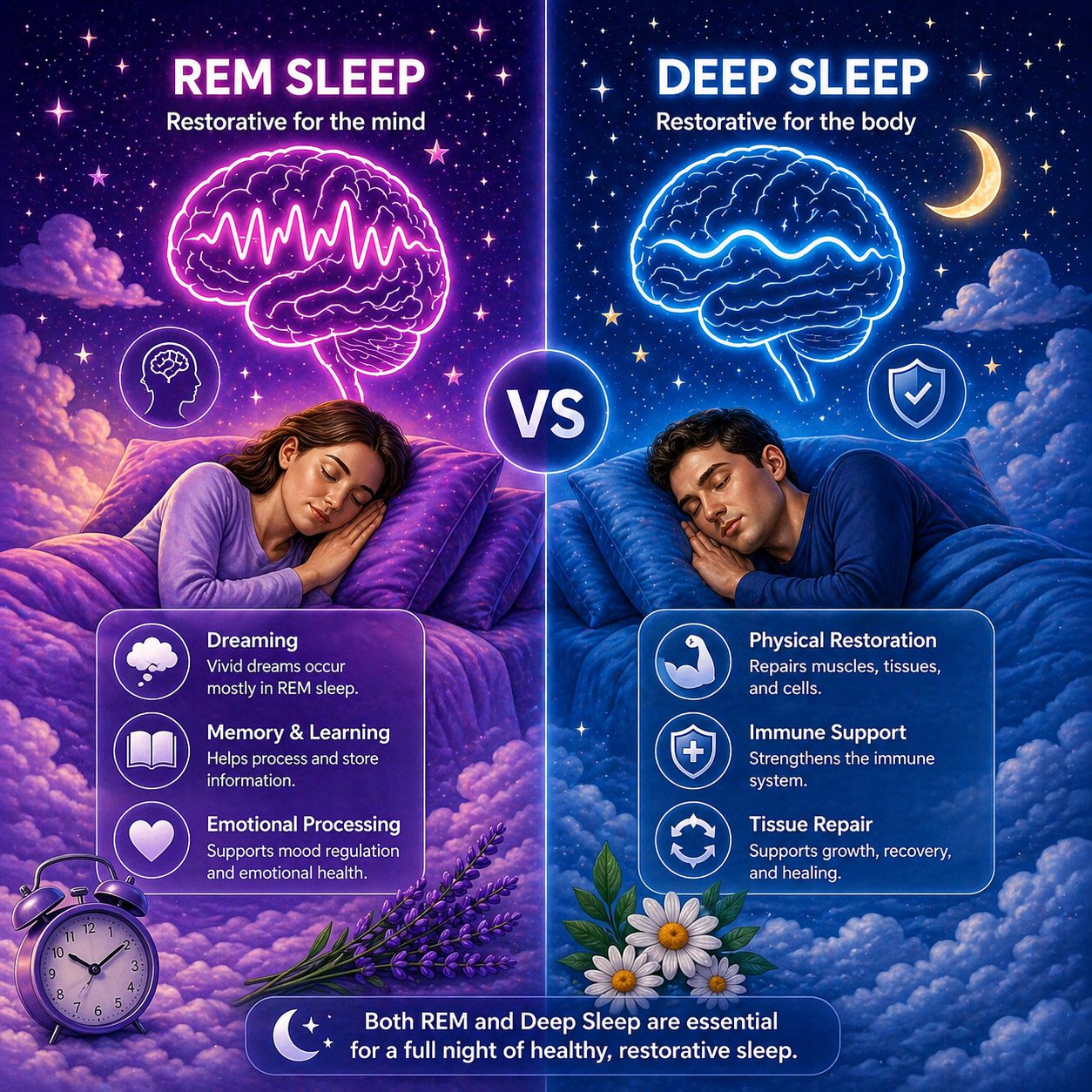 REM vs Deep Sleep comparison showing differences between sleep stages and their roles in brain function and physical recovery