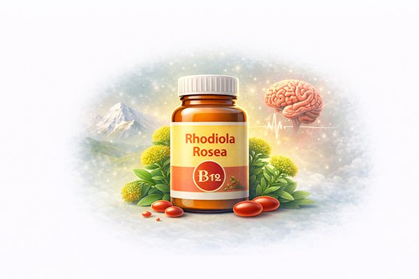 Rhodiola Rosea supplement bottle with brain and mountain icons, representing adaptogenic support for stress and mental focus.