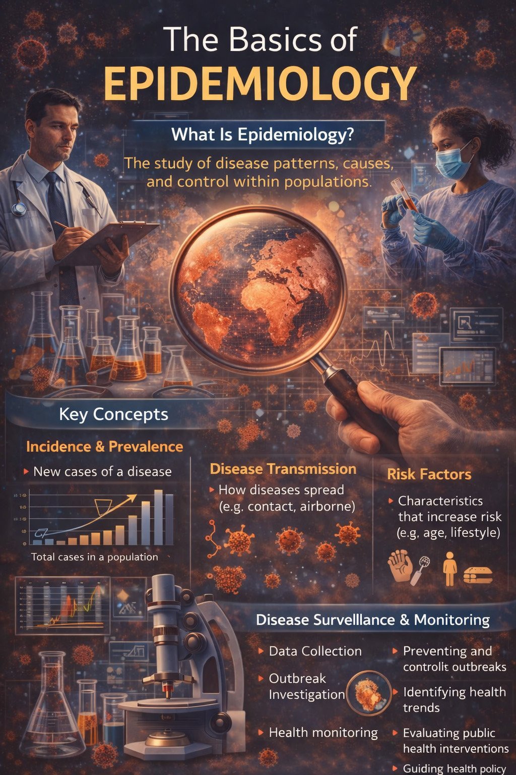 Infographic explaining the basics of epidemiology, including incidence, prevalence, disease transmission, and risk factors in public health