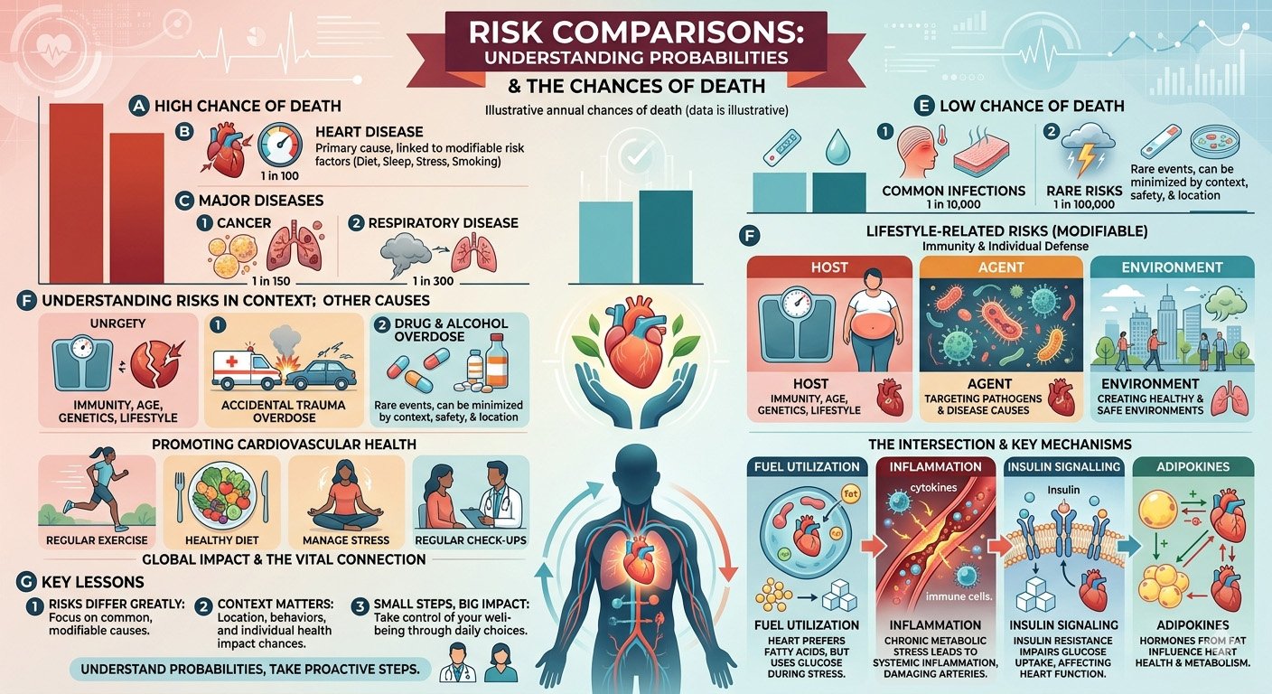 Infographic showing risk comparisons and probability concepts to help understand health risks and mortality statistics