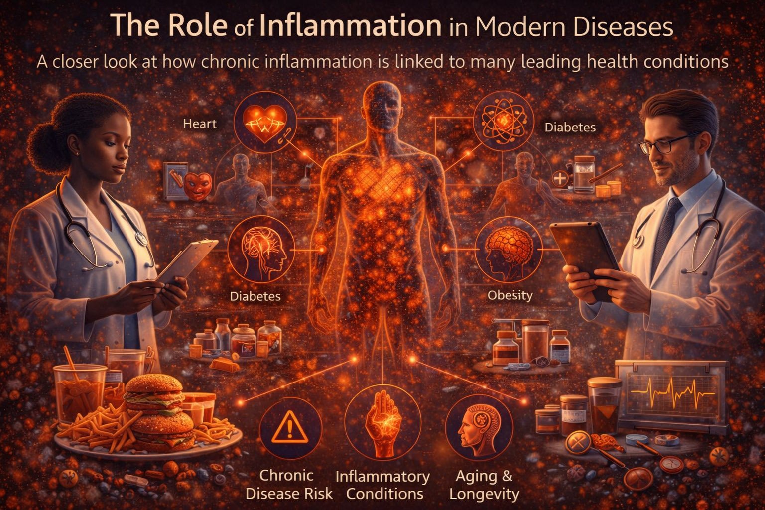 Medical illustration showing chronic inflammation in the human body and its connection to heart disease, diabetes, obesity, and aging-related health conditions