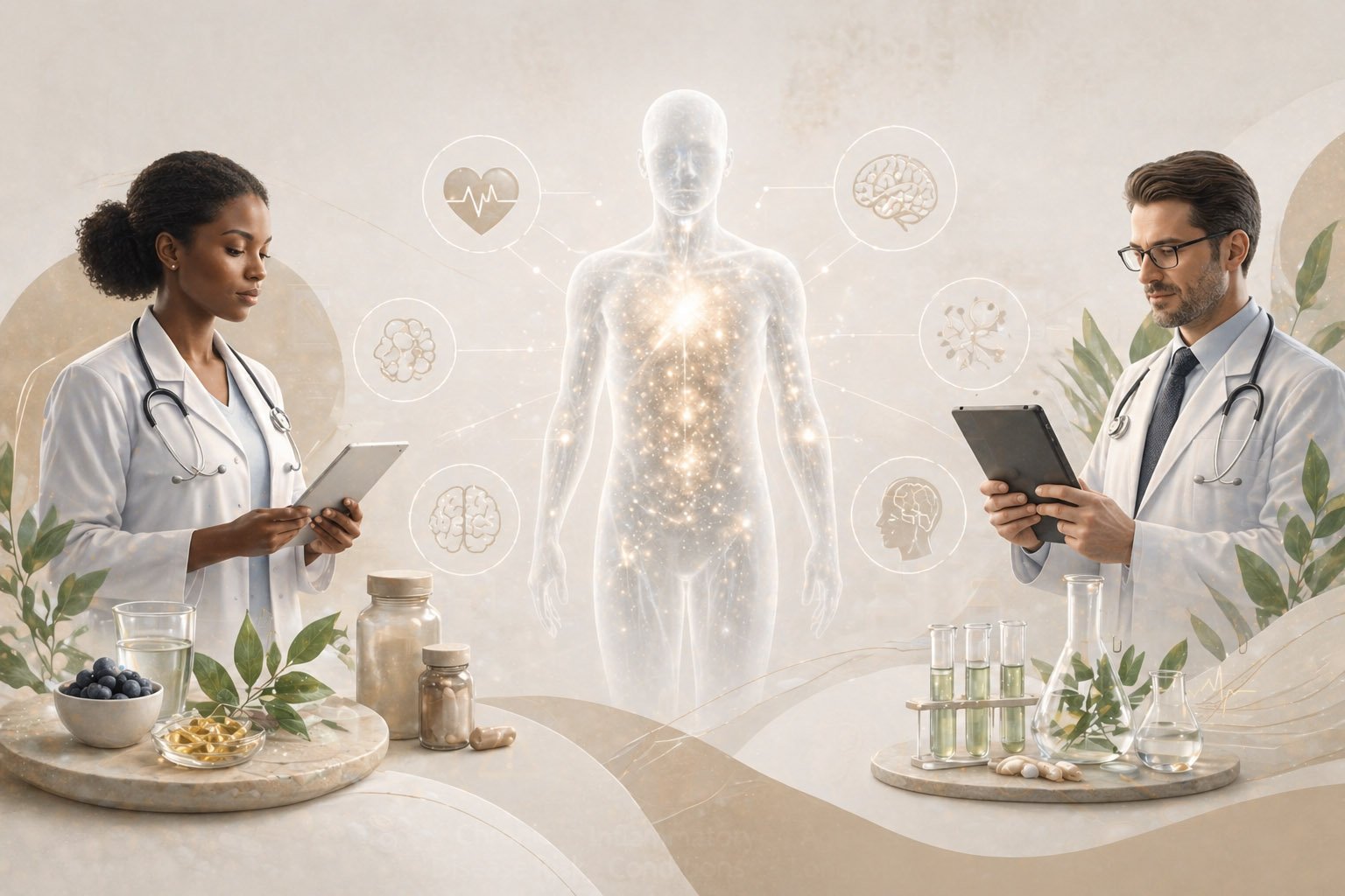 Role of inflammation in modern diseases illustration showing medical professionals analyzing human body systems linked to chronic inflammation and health conditions