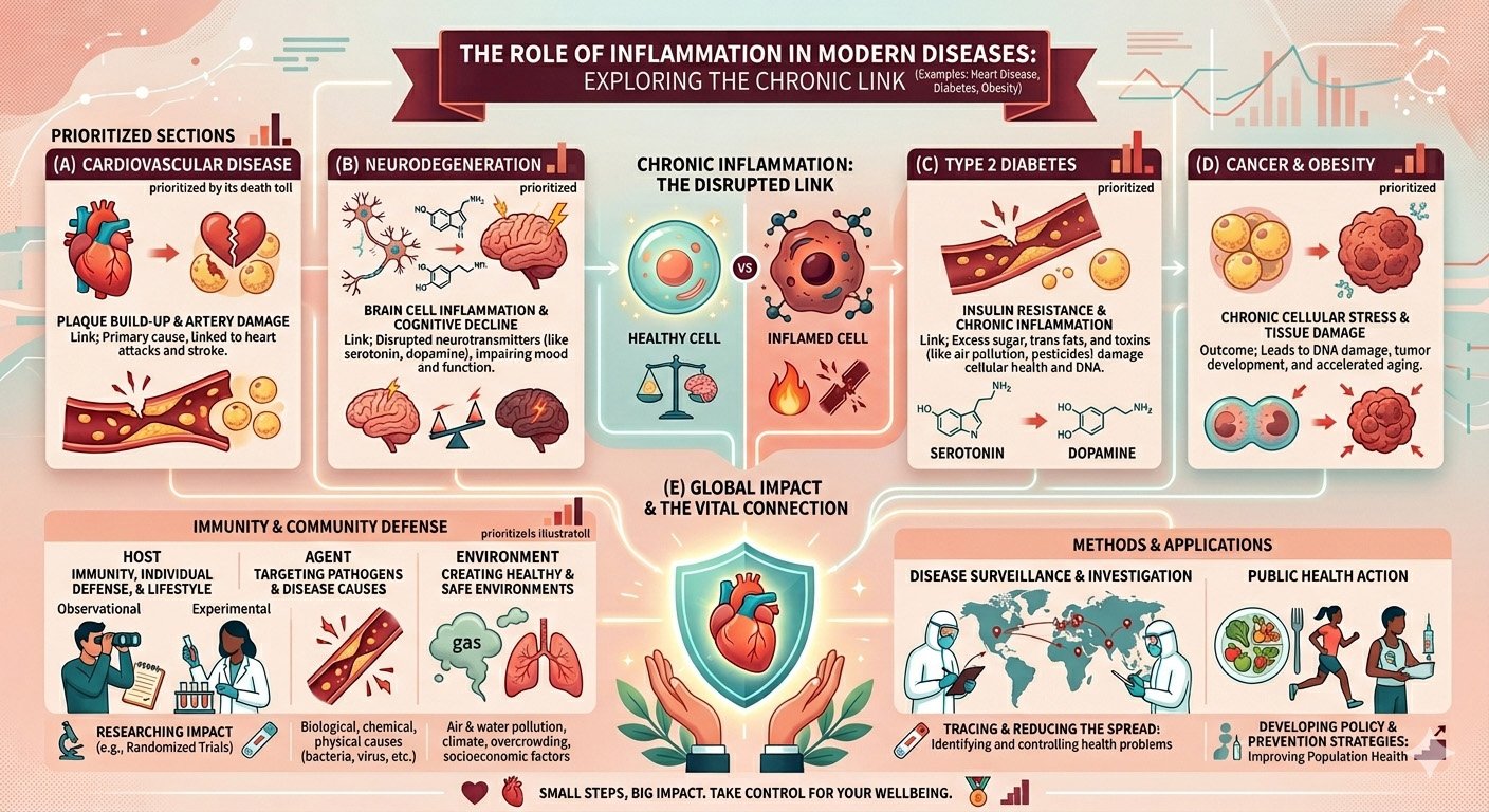 Infographic explaining chronic inflammation, its causes, symptoms, and connection to heart disease, diabetes, obesity, and other modern health conditions