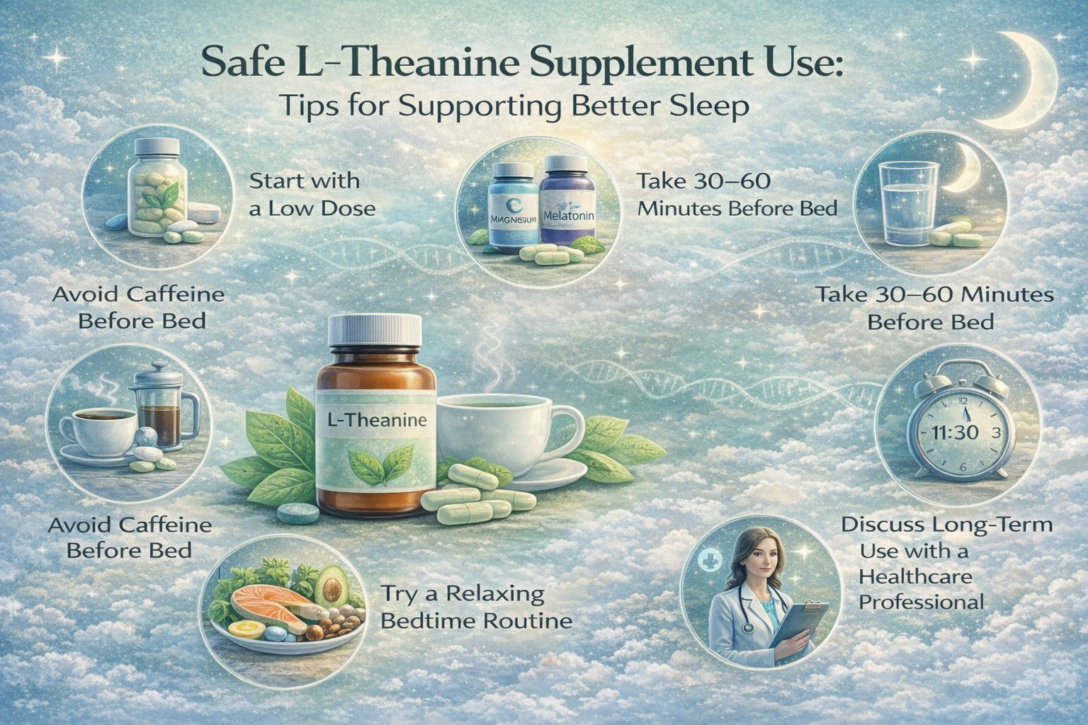 Safe use of L-theanine supplement infographic showing tips for dosage timing, bedtime routine, and sleep support guidance