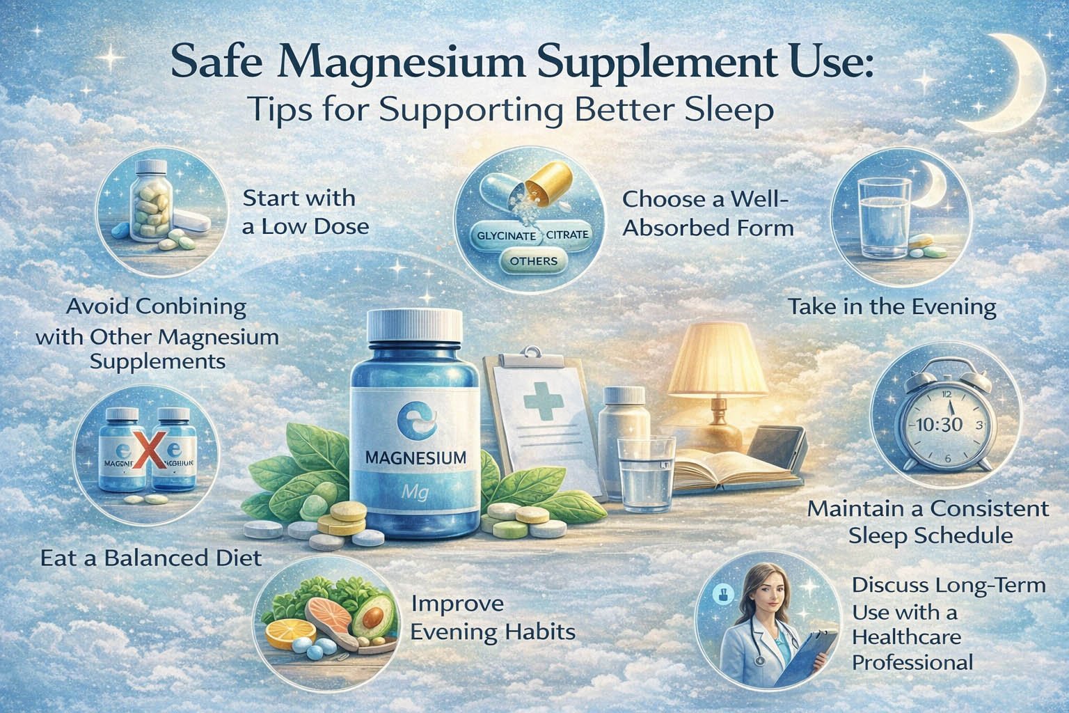 Infographic showing safe magnesium supplement use for sleep, including dosage guidance, timing, and healthy sleep habits
