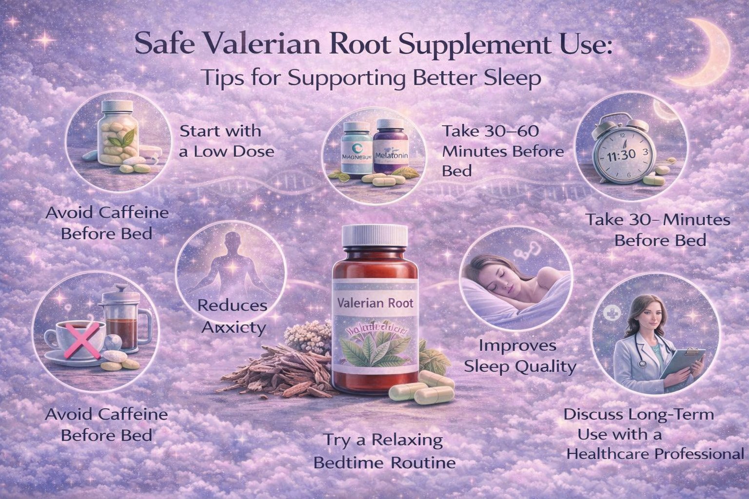 Safe use of valerian root supplement infographic showing tips for dosage timing, bedtime routine, and sleep support guidance