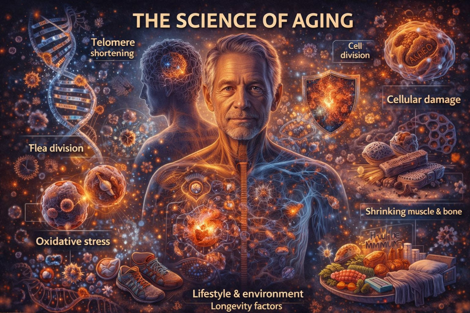 Illustration showing the science of aging including cellular changes, DNA, immune decline, and lifestyle factors affecting longevity and health