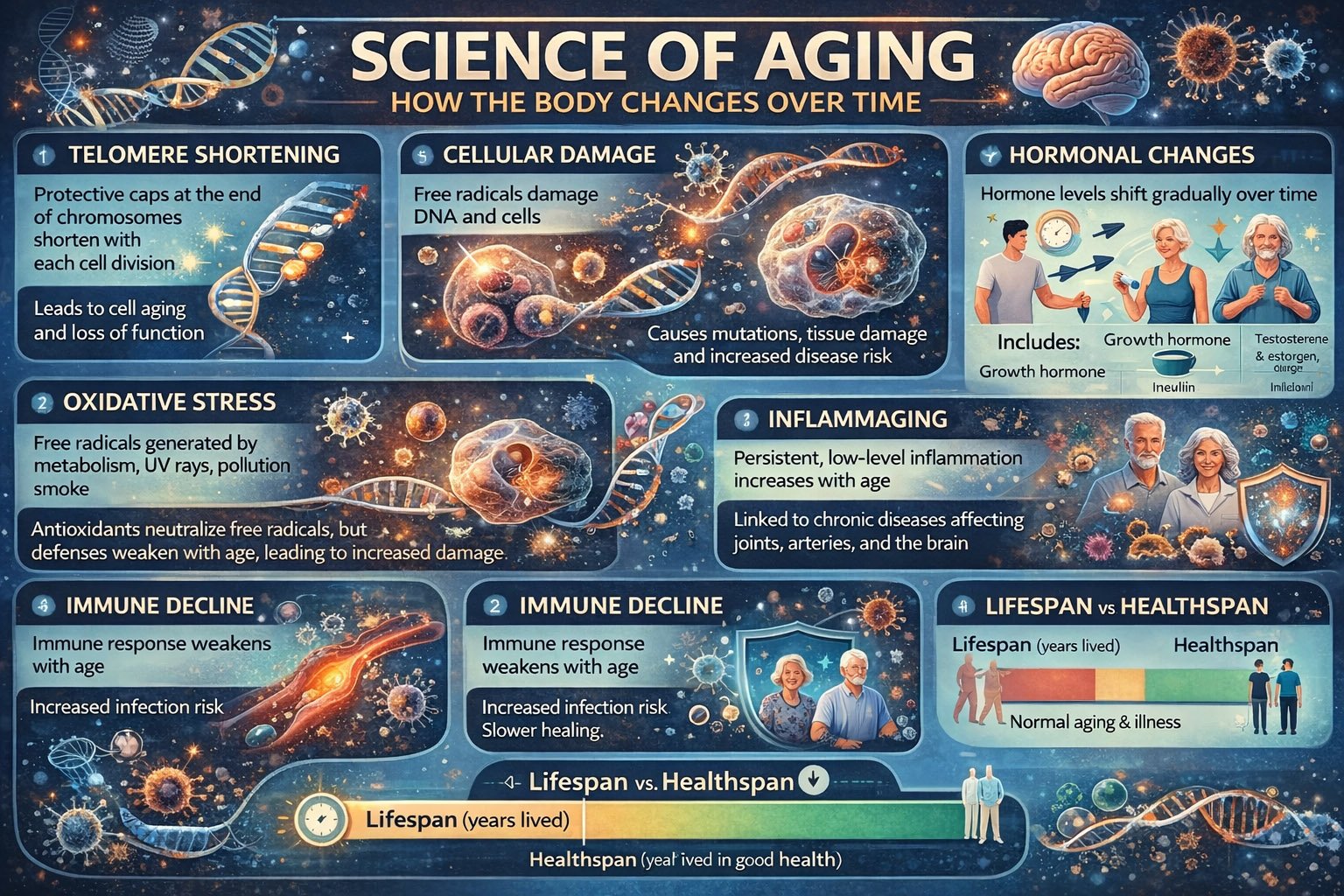 Infographic explaining the science of aging including cellular damage, immune decline, inflammation, and factors affecting longevity and healthy aging