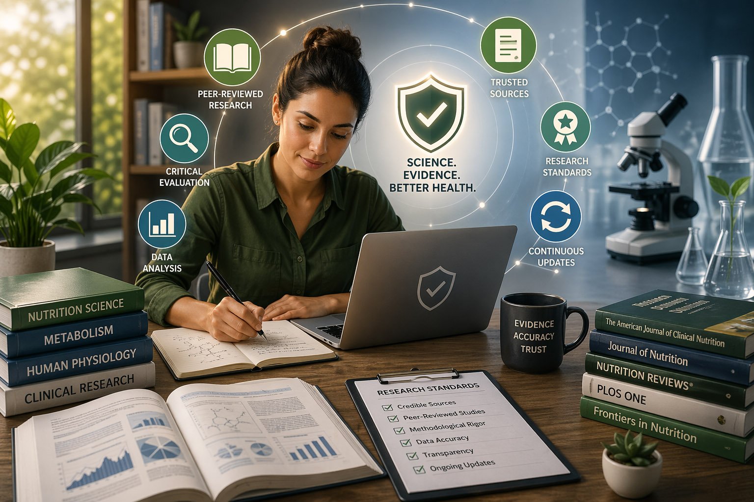 Scientific sources and research standards illustration showing a professional reviewing scientific studies, peer-reviewed journals, and data analysis to ensure reliable health information