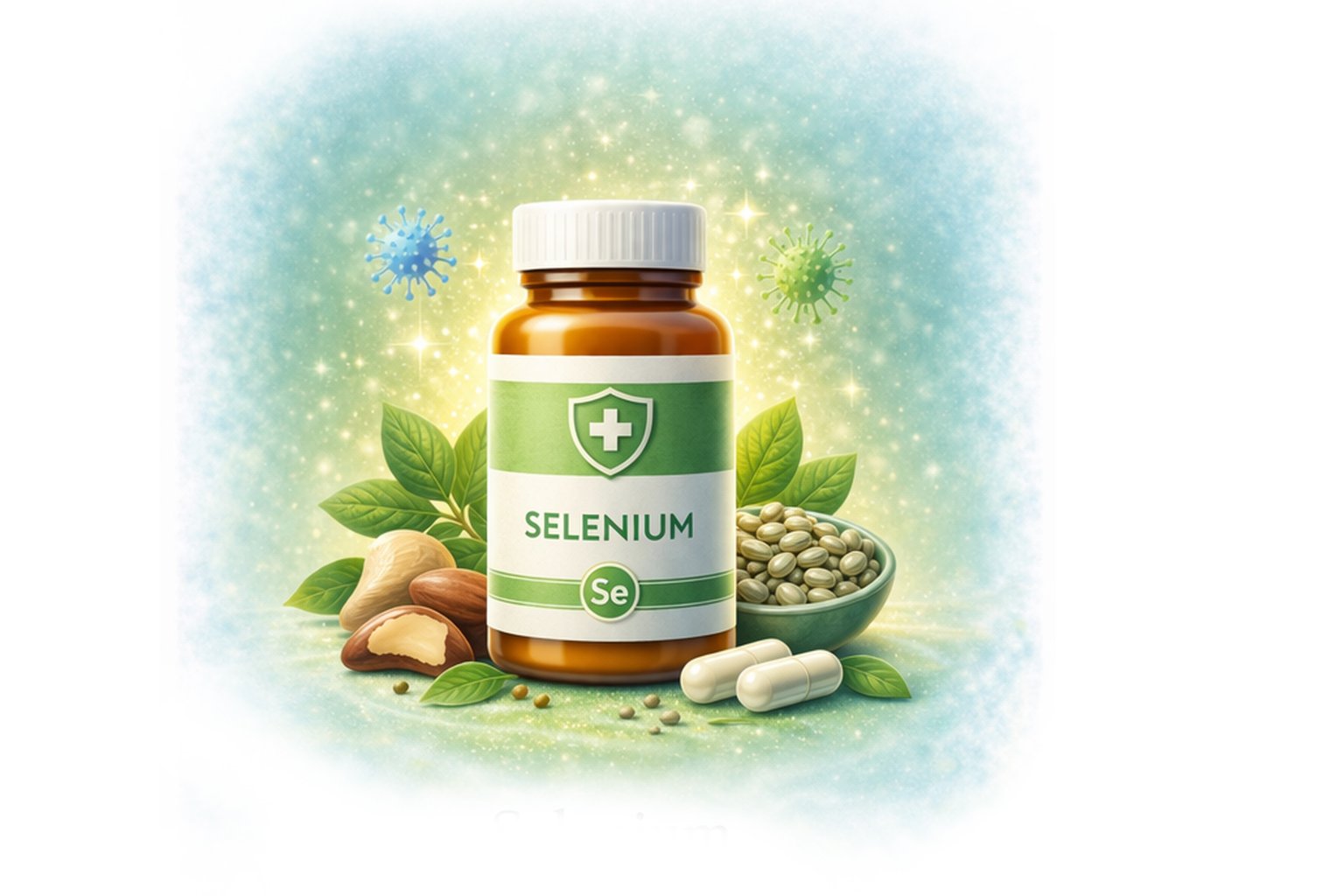 Selenium supplement illustration showing antioxidant and immune system support