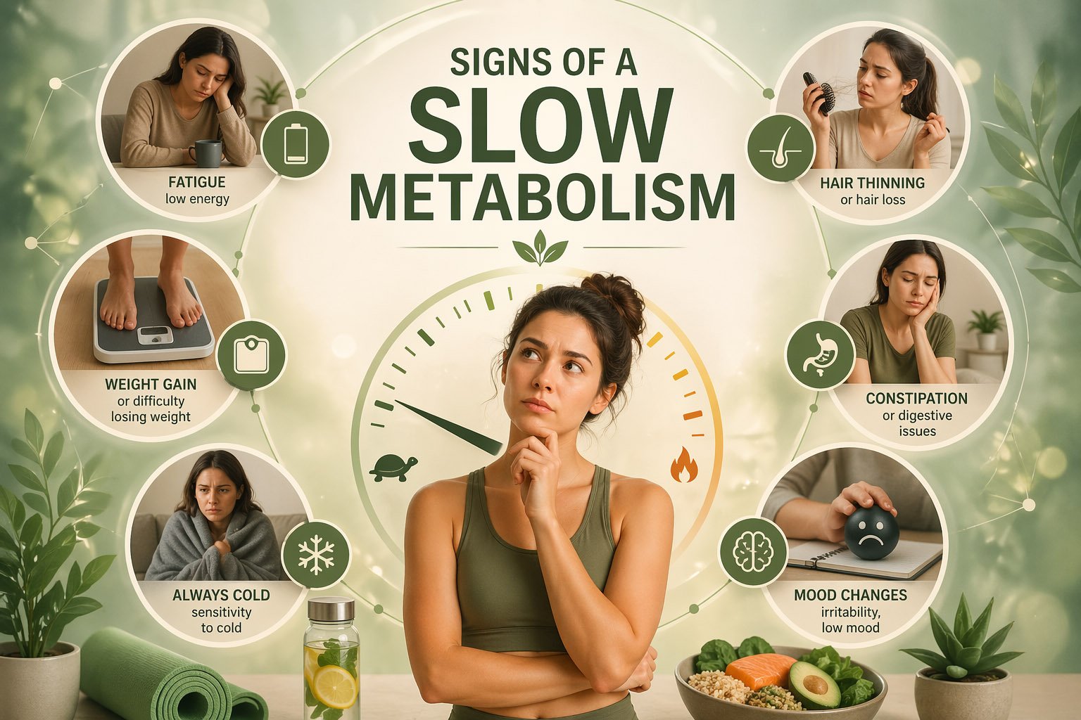 Signs of a slow metabolism illustration showing common symptoms such as fatigue, weight gain, feeling cold, hair thinning, constipation, and mood changes