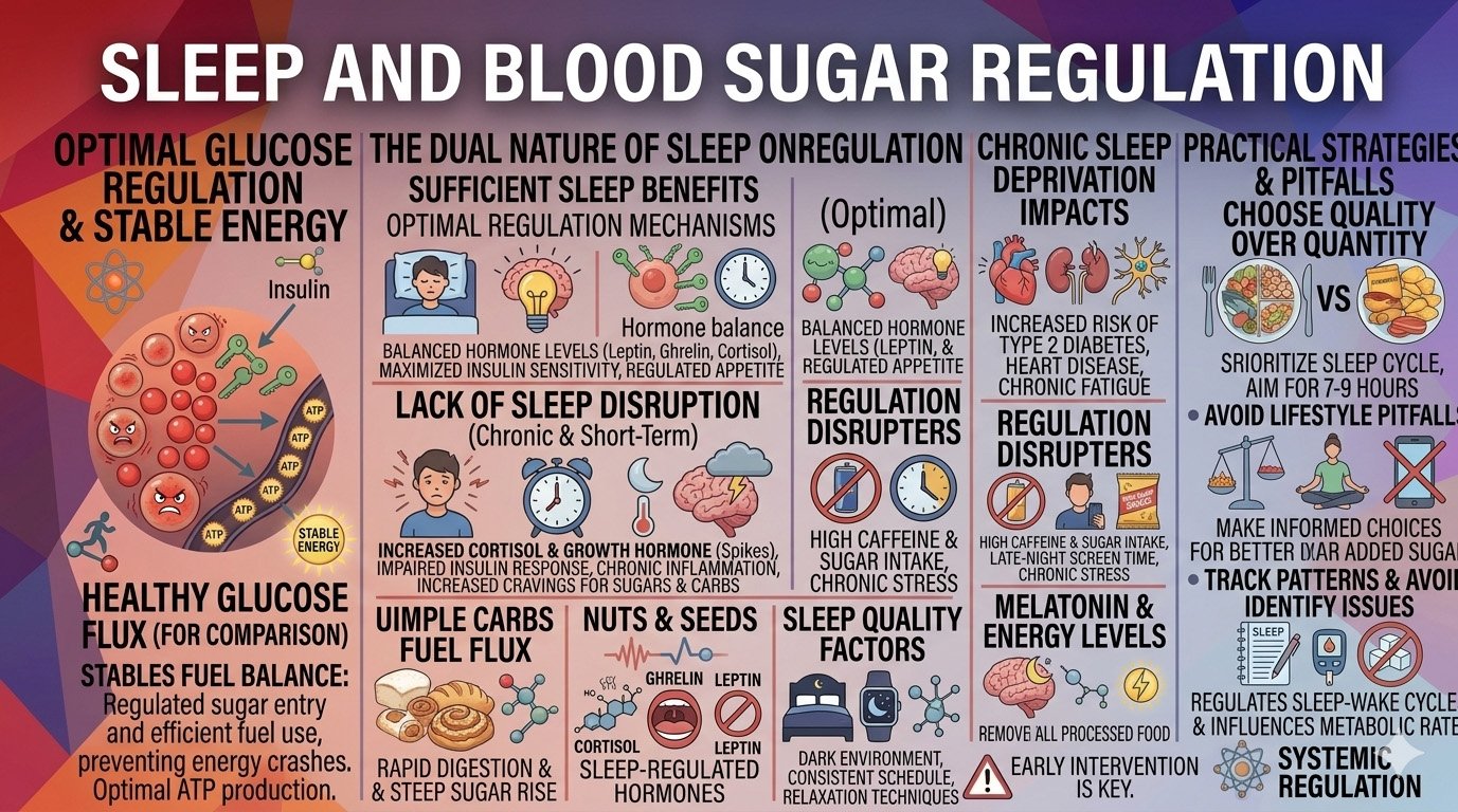 Sleep and blood sugar regulation infographic showing how sleep affects insulin, hormones, metabolism, and glucose levels