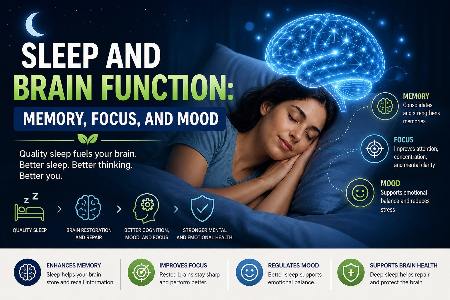 Illustration showing a person sleeping and the connection between sleep quality and brain function, including memory, focus, mood regulation, and mental performance