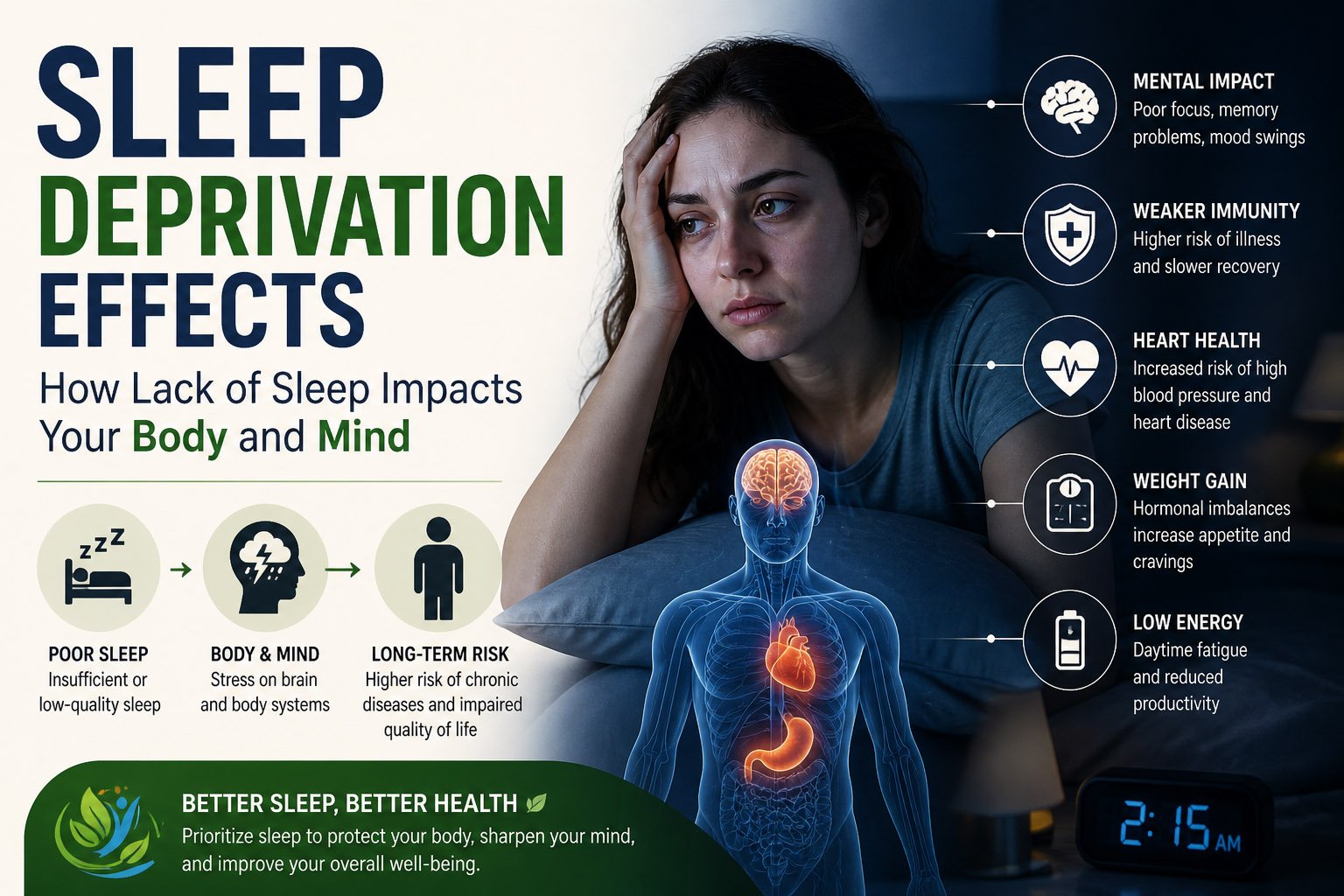 Illustration showing the effects of sleep deprivation on the brain, immune system, heart health, energy levels, and overall mental and physical performance