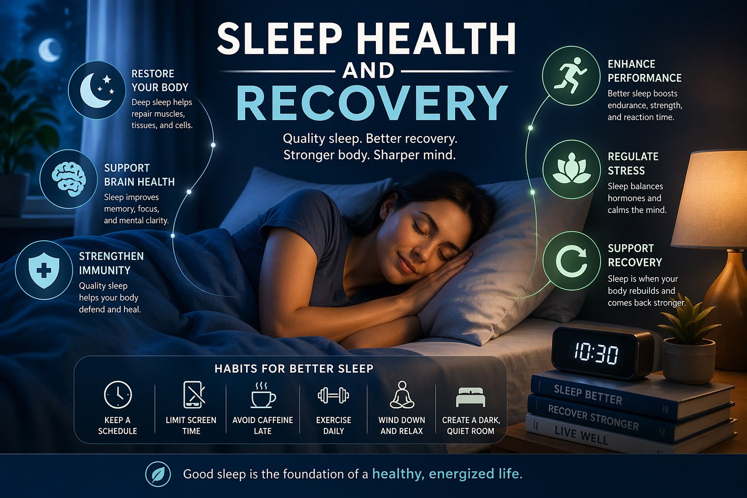 Sleep health and recovery illustration showing a woman sleeping peacefully with benefits like muscle repair, brain health, stress regulation, and improved performance