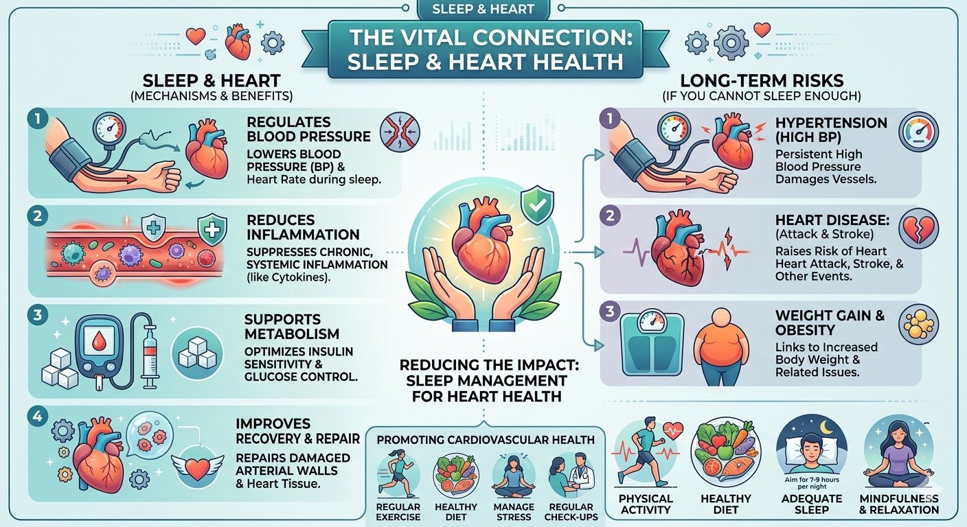 Sleep and heart health connection infographic showing how quality sleep supports cardiovascular health, blood pressure regulation, and heart function