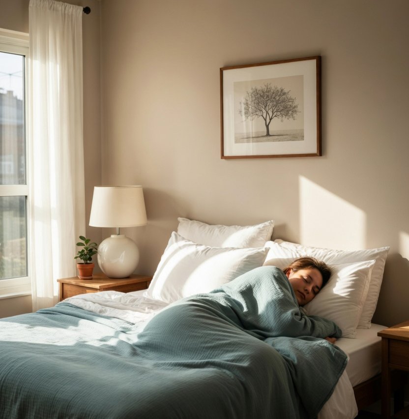 Woman sleeping peacefully in bed representing healthy sleep habits that support heart health and cardiovascular wellness
