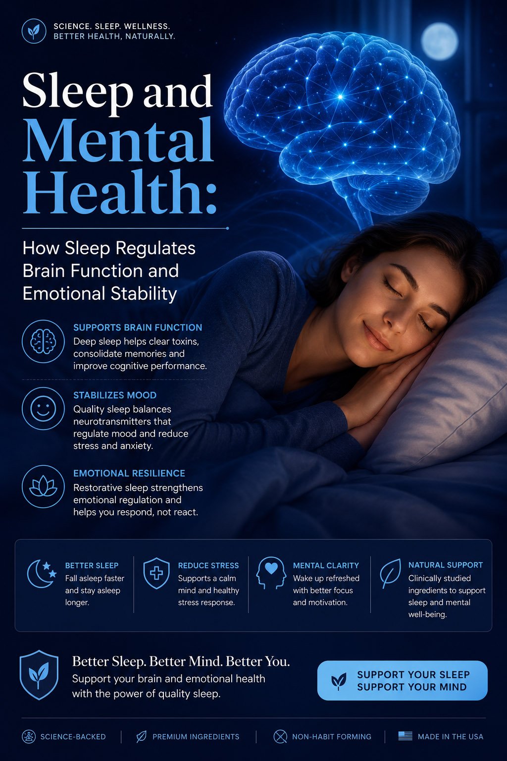 Woman sleeping peacefully at night with a glowing brain illustration representing how sleep supports mental health, brain function, emotional balance, stress reduction, and cognitive recovery.