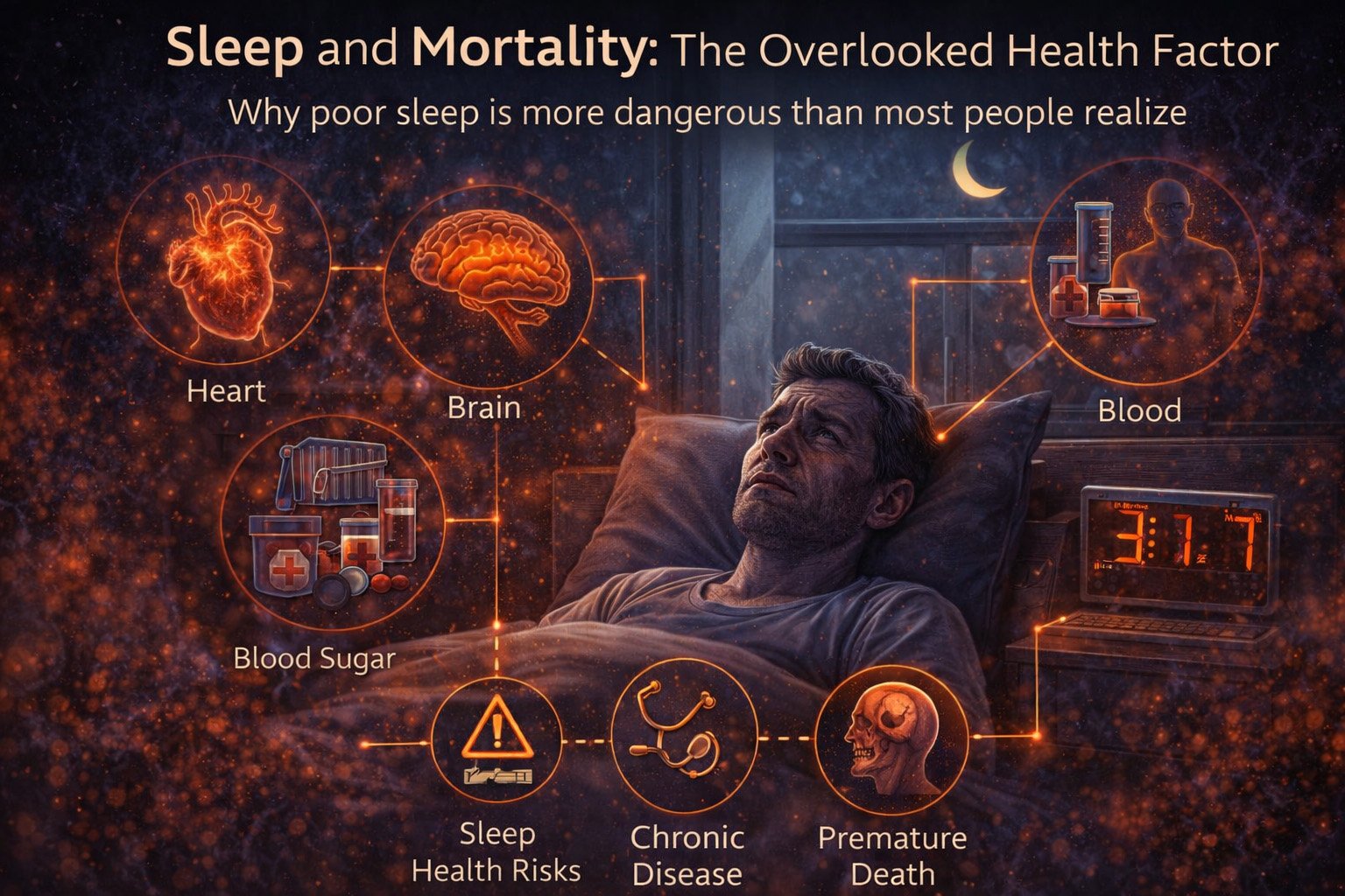 Illustration showing a sleep-deprived person at night and the connection between poor sleep, chronic disease, and increased mortality risk