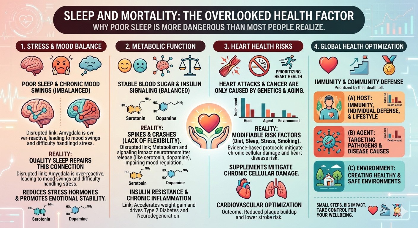 Infographic explaining how poor sleep increases risk of chronic disease, cardiovascular problems, metabolic disorders, and mortality