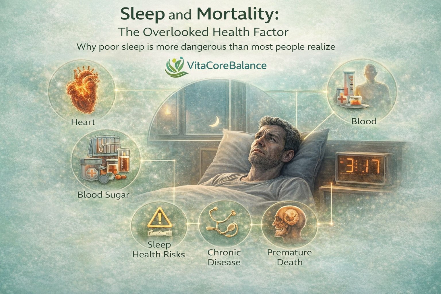 Sleep and mortality infographic showing how poor sleep affects heart health, brain function, blood sugar, and risk of chronic disease and premature death