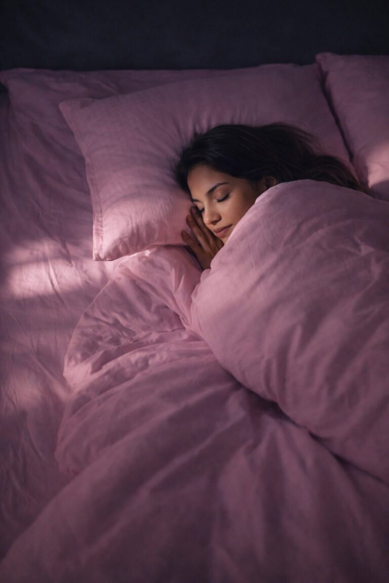 Woman sleeping peacefully in bed at night demonstrating healthy sleep habits and restful sleep