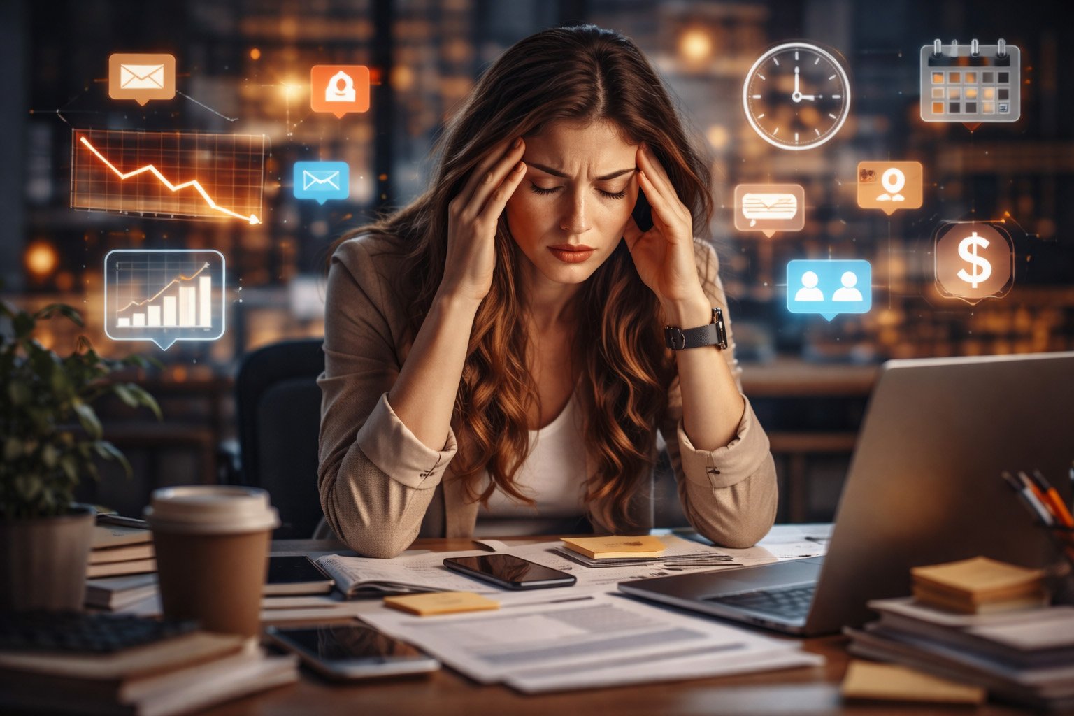 Woman experiencing stress from modern life pressures while working at a desk surrounded by digital notifications, deadlines, and financial concerns