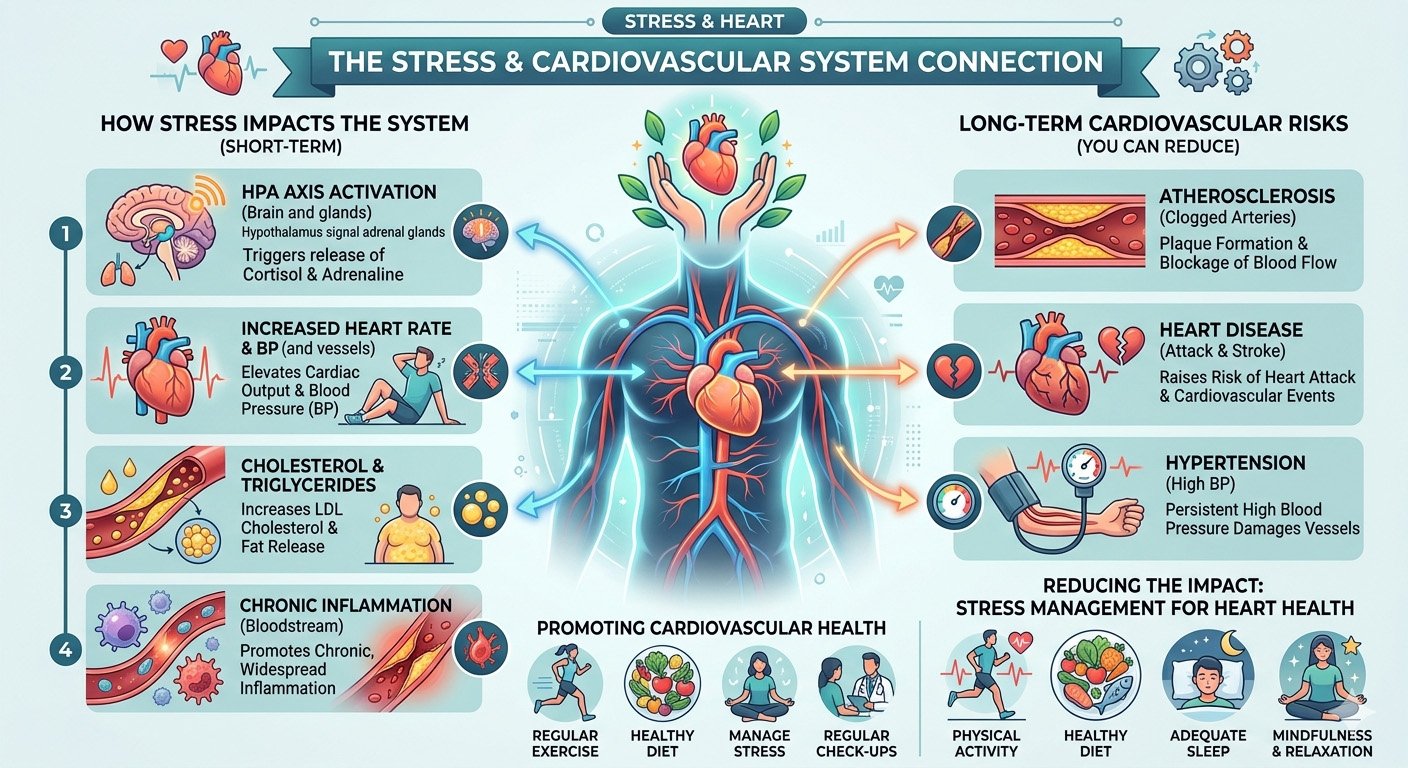 Stress and cardiovascular system connection infographic showing how chronic stress affects heart health, blood pressure, and circulation