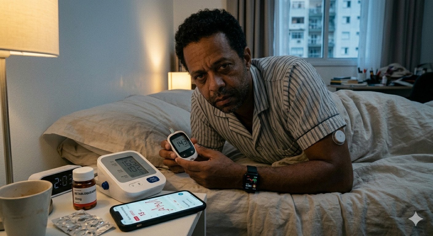 Man experiencing chest discomfort and stress while monitoring blood pressure at home