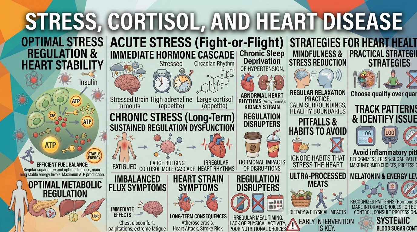 Infographic showing how chronic stress and cortisol affect blood pressure, inflammation, and heart disease risk