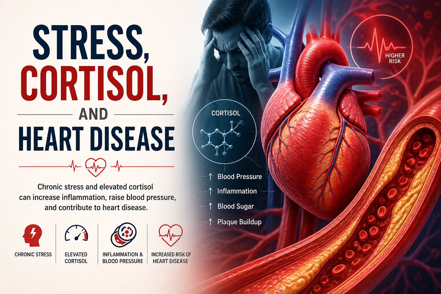Medical illustration showing the relationship between chronic stress, cortisol levels, and heart disease, including arterial inflammation, elevated blood pressure, and cardiovascular risk