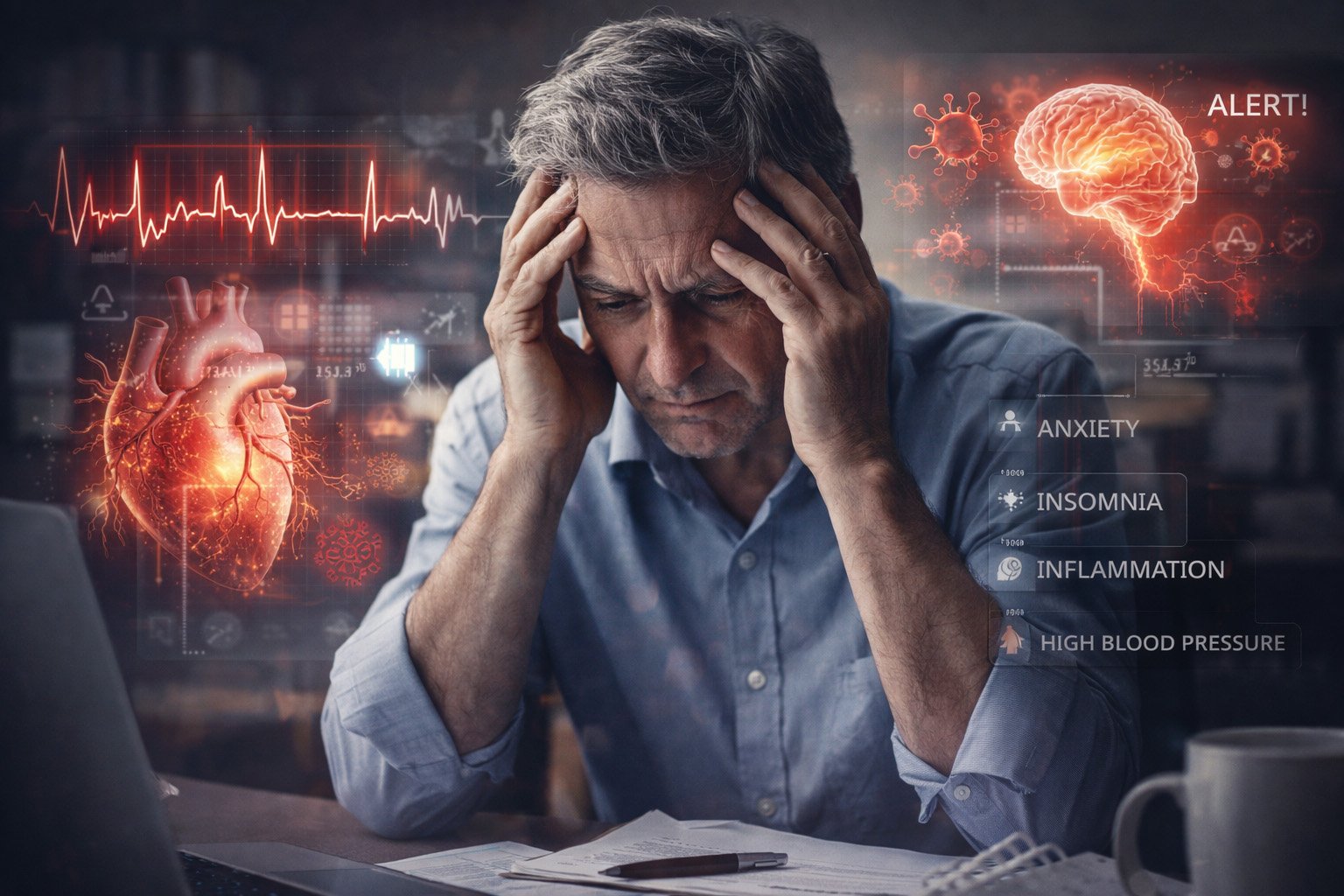 Man experiencing chronic stress with visual indicators of brain, heart, inflammation, and high blood pressure representing the health effects of stress