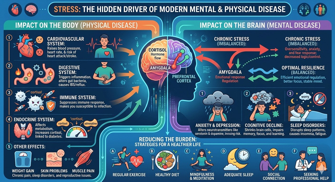 Infographic showing how chronic stress affects the brain, heart, immune system, metabolism, and overall physical and mental health