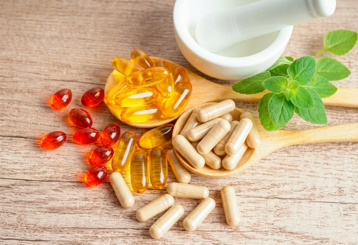 Ccontact. Natural dietary supplements capsules with herbs and vitamins on wooden table
