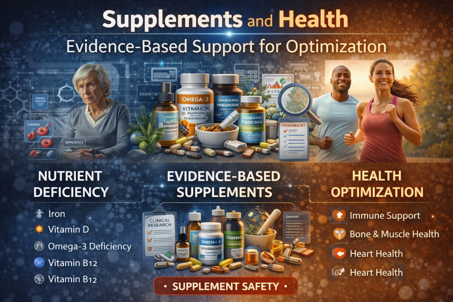 Supplements illustration showing evidence-based vitamins and minerals supporting health optimization, deficiency prevention, and long-term wellness