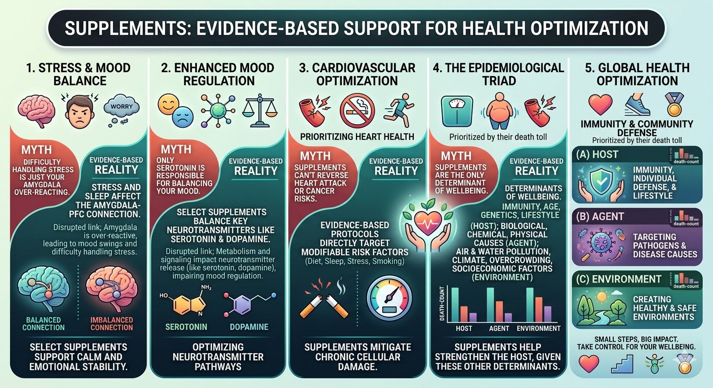 Supplements infographic showing evidence-based vitamins, minerals, and nutrients supporting health, immunity, and disease prevention