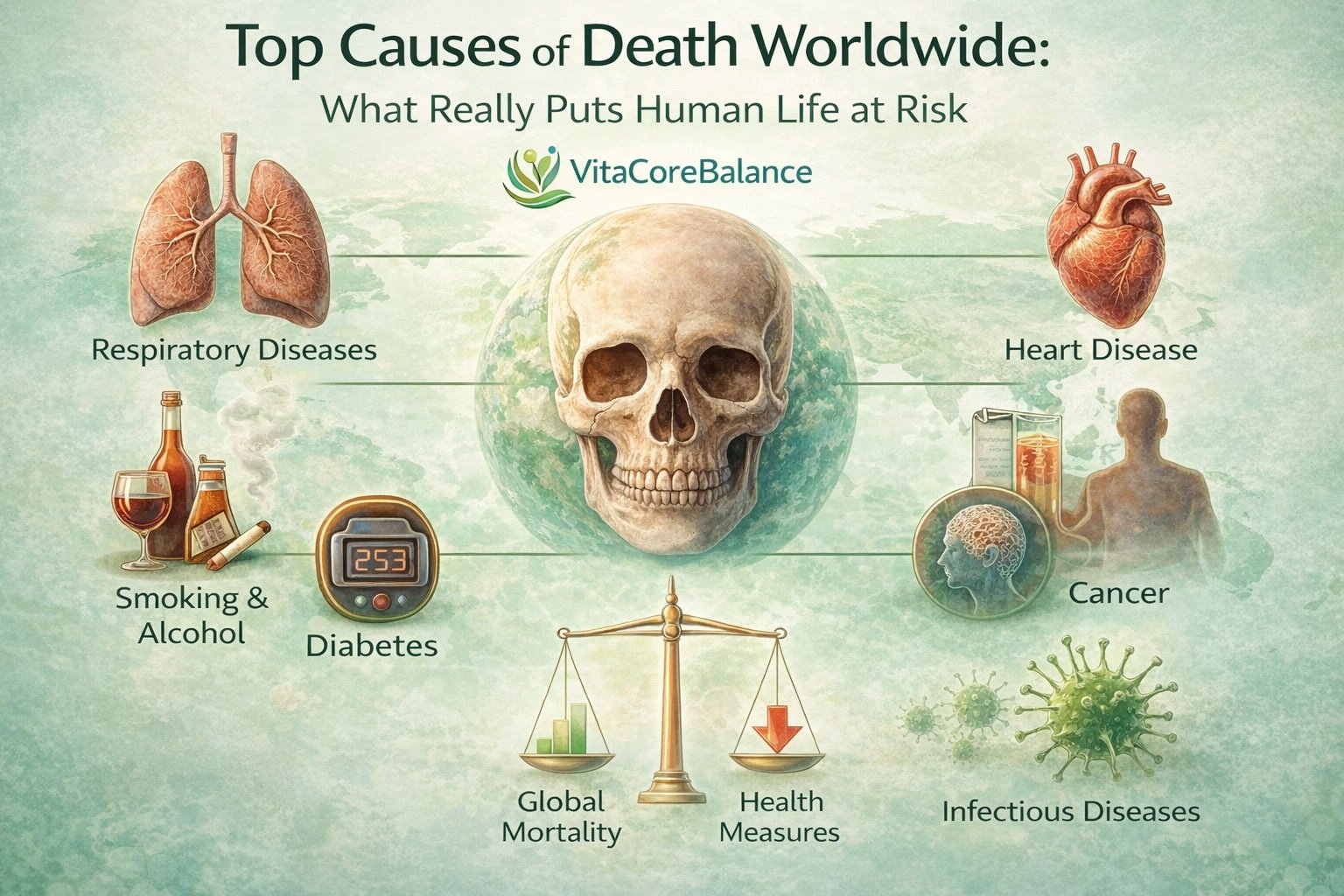 Top causes of death worldwide including heart disease, cancer, respiratory diseases, diabetes, smoking, alcohol, and infectious diseases infographic