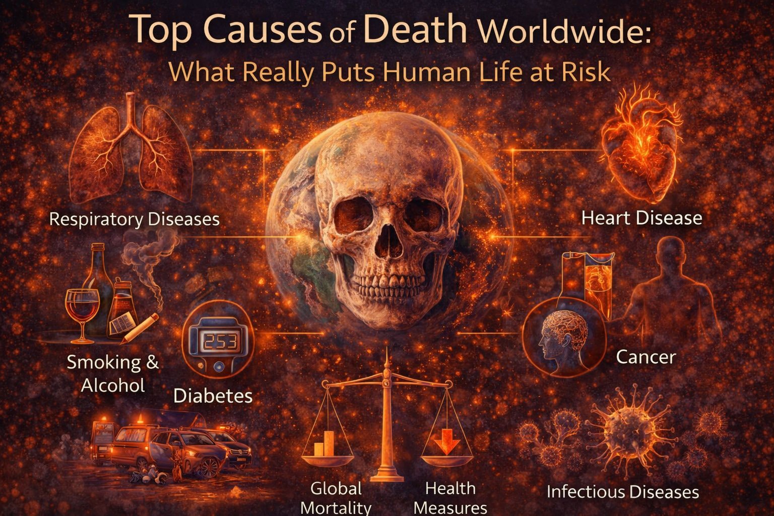 Illustration showing the leading causes of death worldwide including heart disease, cancer, diabetes, respiratory diseases, and global mortality risk factors