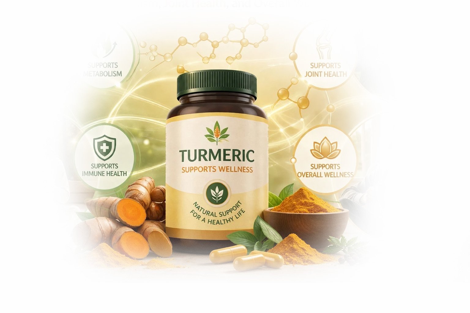 Turmeric supplement illustration showing anti-inflammatory support for joints, digestion, and overall health