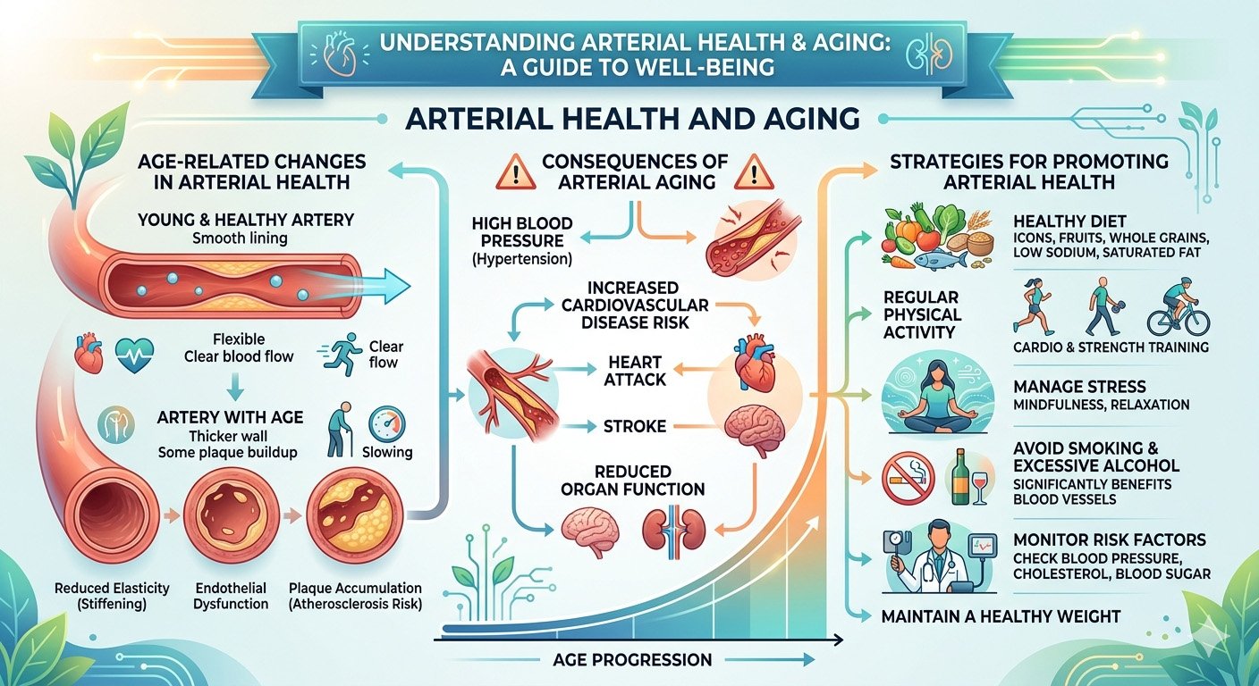 Infographic explaining how aging affects arterial health, artery stiffness, and cardiovascular risk over time