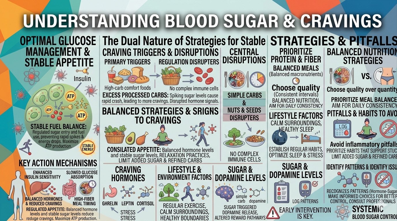 Blood sugar and cravings infographic showing causes of sugar cravings and how blood glucose fluctuations affect hunger