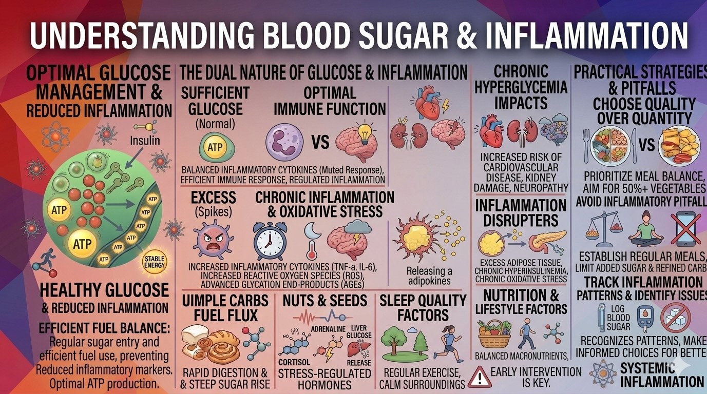 Blood sugar and inflammation infographic showing how high glucose can trigger inflammation and affect metabolic health