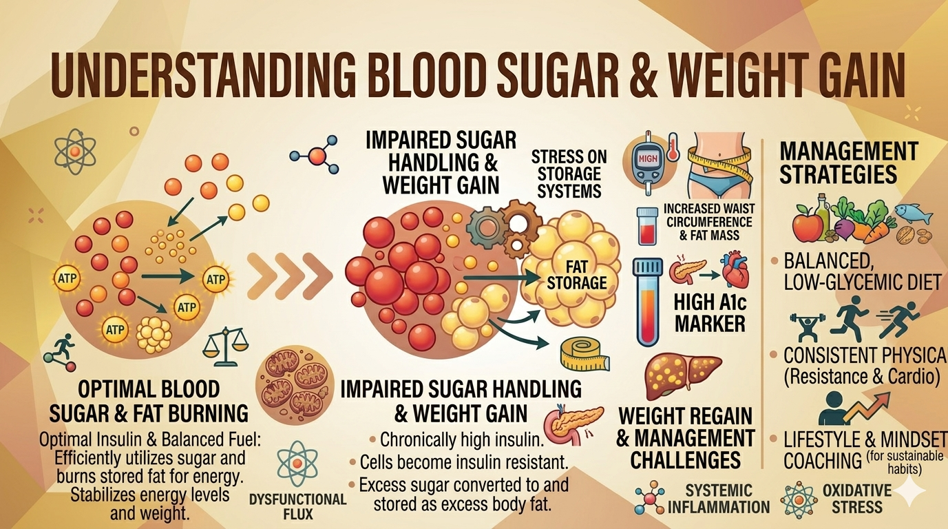 Blood sugar and weight gain diagram showing impaired glucose regulation, insulin resistance, and increased fat storage
