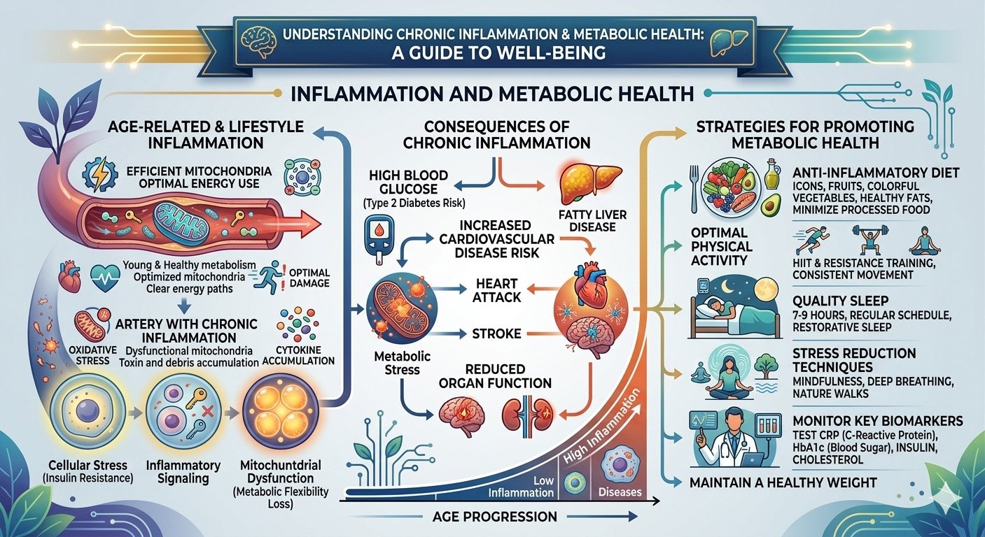 Infographic explaining chronic inflammation and its effects on metabolic health, insulin resistance, and disease risk