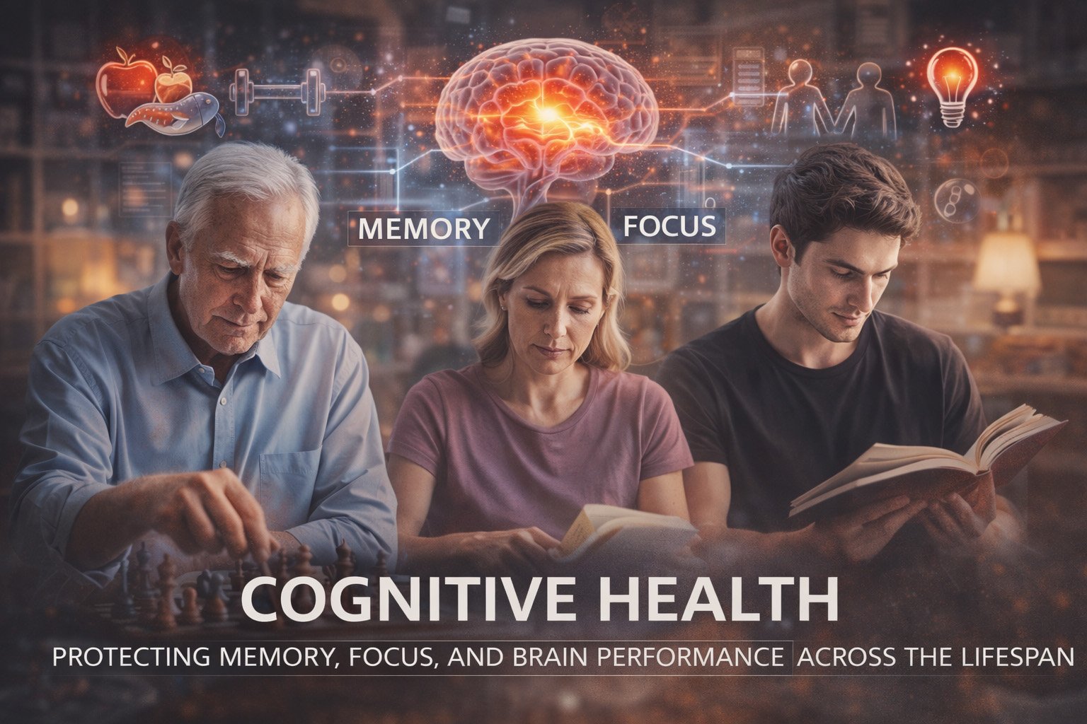 People of different ages engaging in activities that support cognitive health, illustrating memory, focus, and brain performance across the lifespan